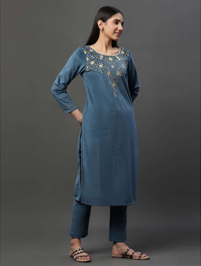 women blue round neck kurta pant set - 20592305 - Standard Image - 1