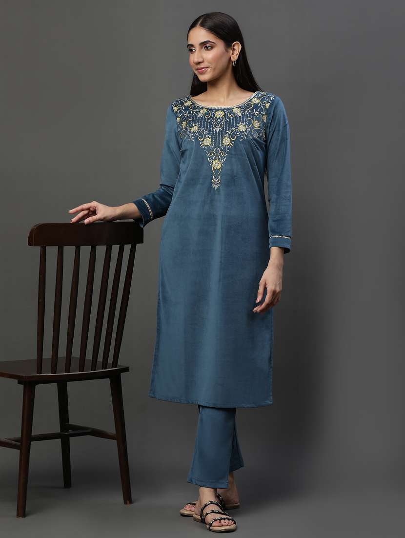 women blue round neck kurta pant set - 20592305 - Standard Image - 4
