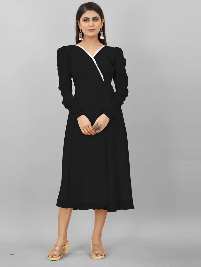 women v-neck solid a-line ethnic dress