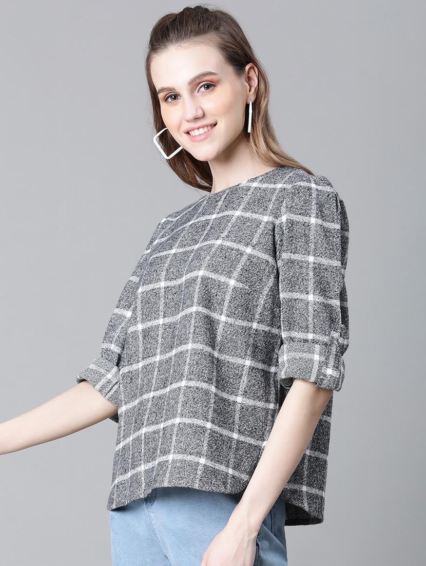 grey cotton checked printed regular top - 20592337 - Standard Image - 1