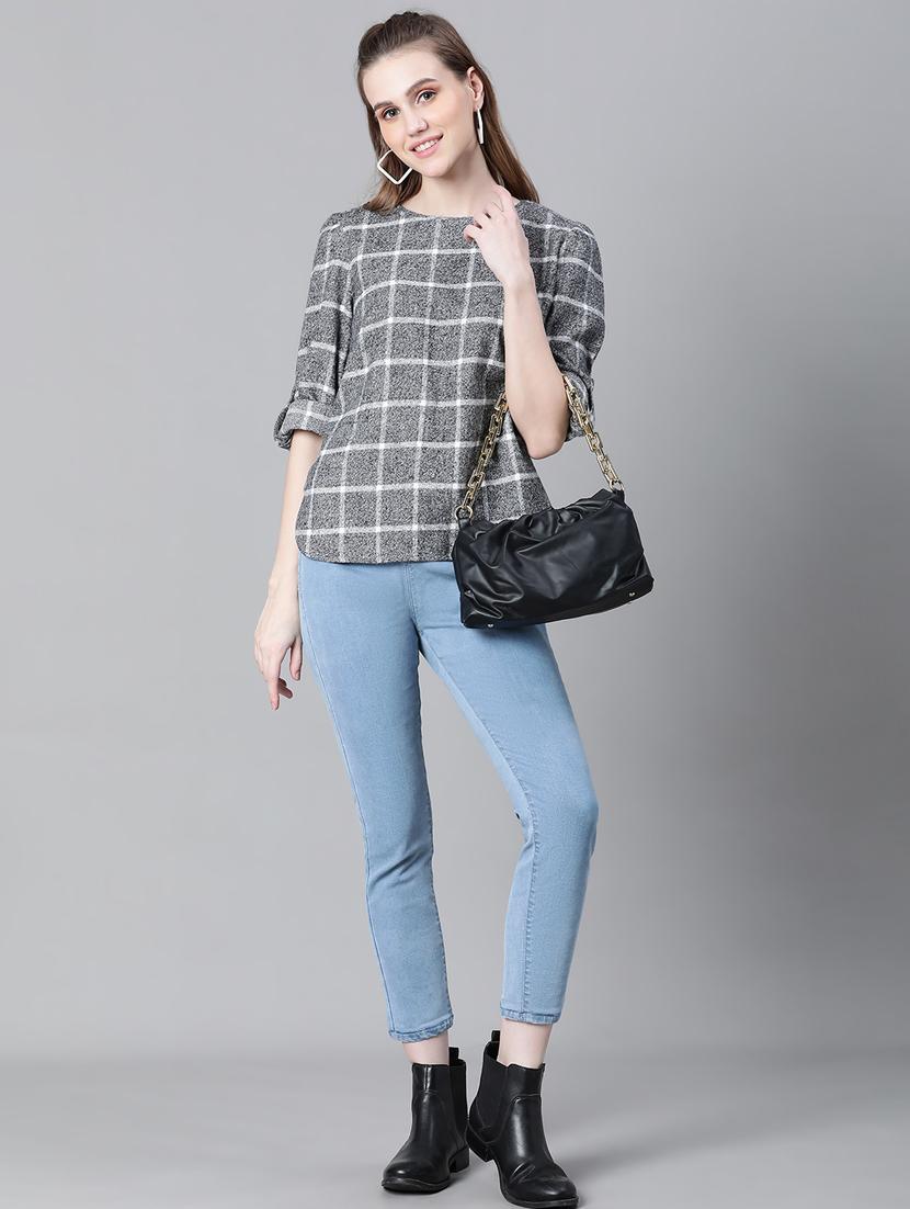 grey cotton checked printed regular top - 20592337 - Standard Image - 4