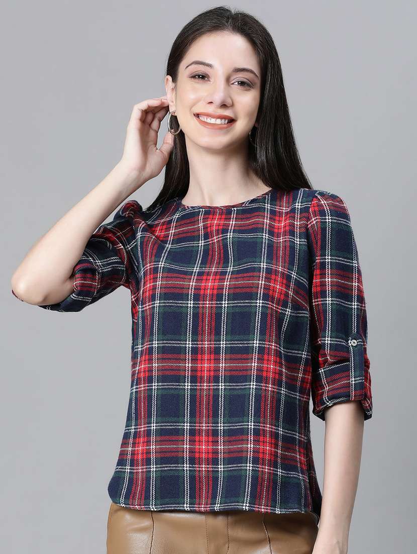 navy blue checked printed regular top - 20592339 - Standard Image - 1
