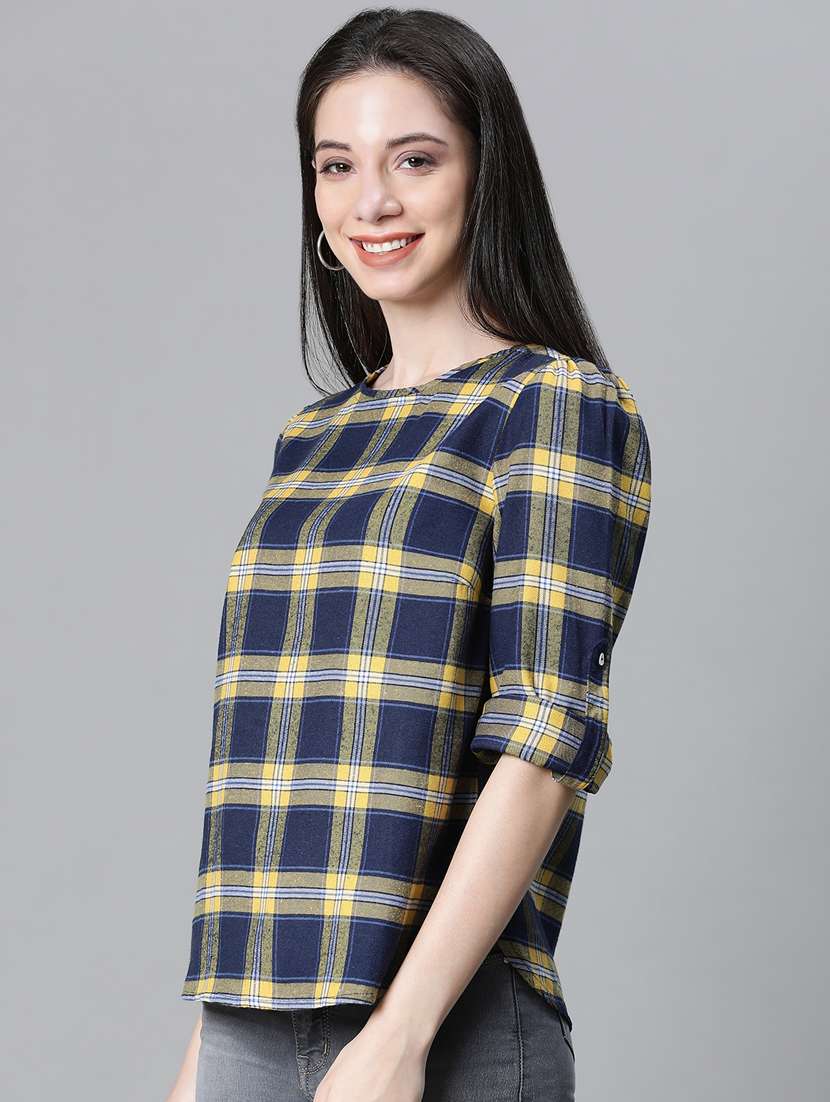 navy blue checked printed regular top - 20592342 -  Standard Image - 1