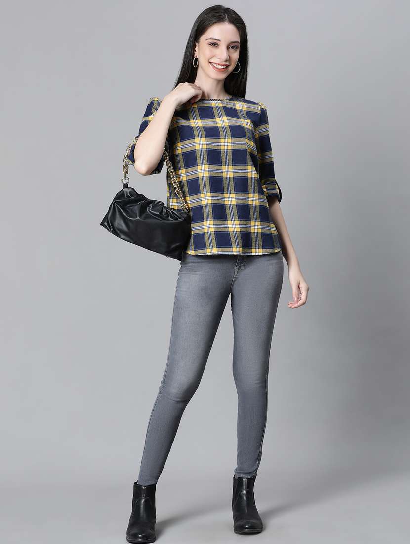 navy blue checked printed regular top - 20592342 - Standard Image - 4
