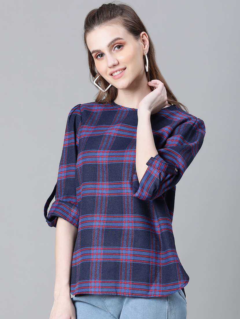 navy blue checked printed regular top - 20592344 -  Standard Image - 1