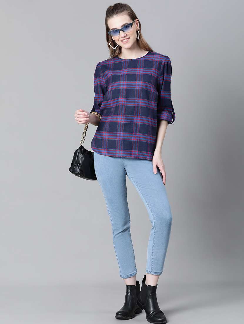 navy blue checked printed regular top - 20592344 - Standard Image - 4