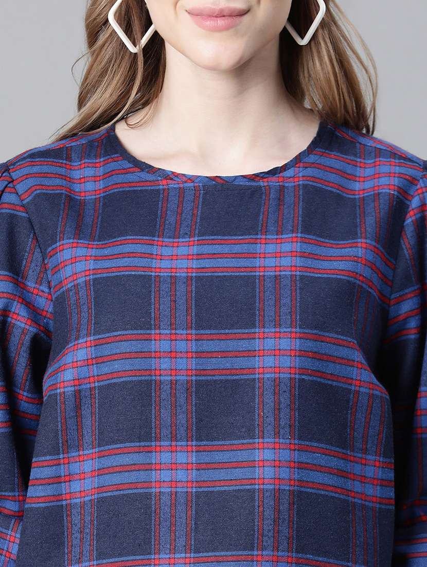 navy blue checked printed regular top - 20592344 - Standard Image - 6
