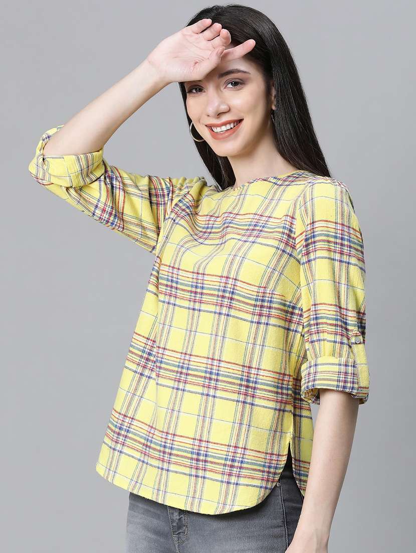 yellow checked printed regular top - 20592346 - Standard Image - 1