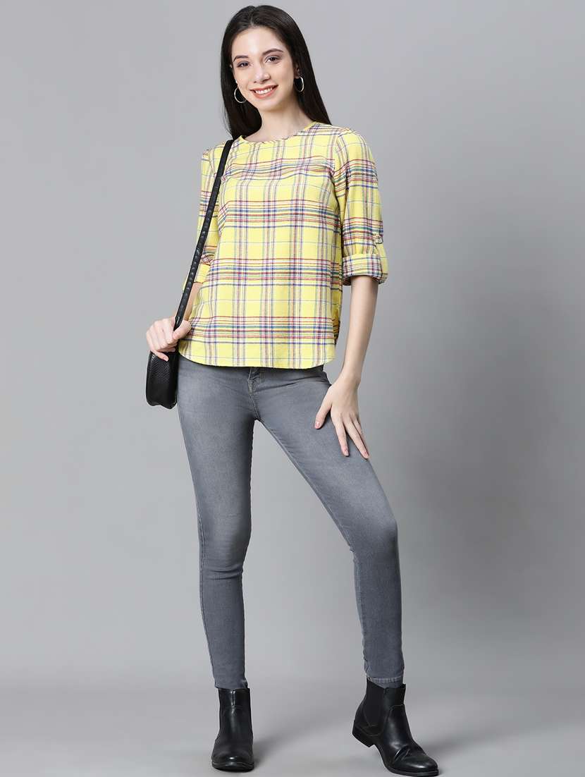 yellow checked printed regular top - 20592346 - Standard Image - 4