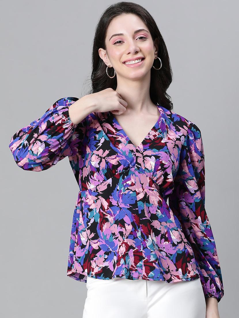 women printed puff sleeves peplum top - 20592356 - Standard Image - 1