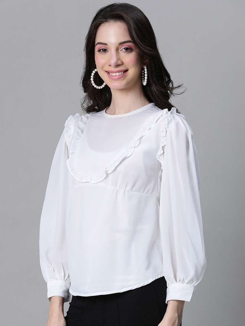 women solid puff sleeves ruffled detailed top - 20592369 -  Standard Image - 1