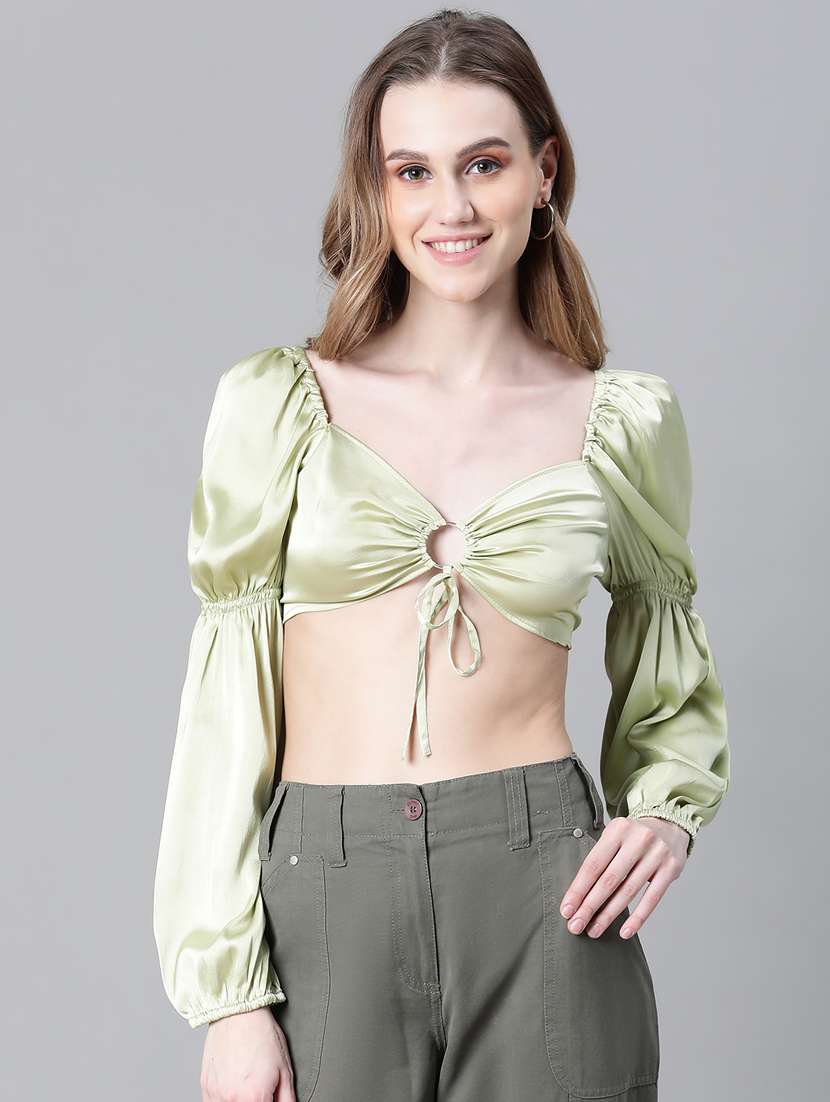 women solid smocked back crop top