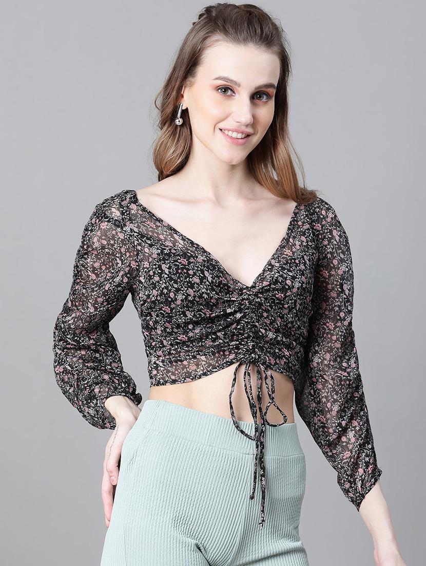 women floral print ruched sleeves top - 20592405 - Zoom Image - 0