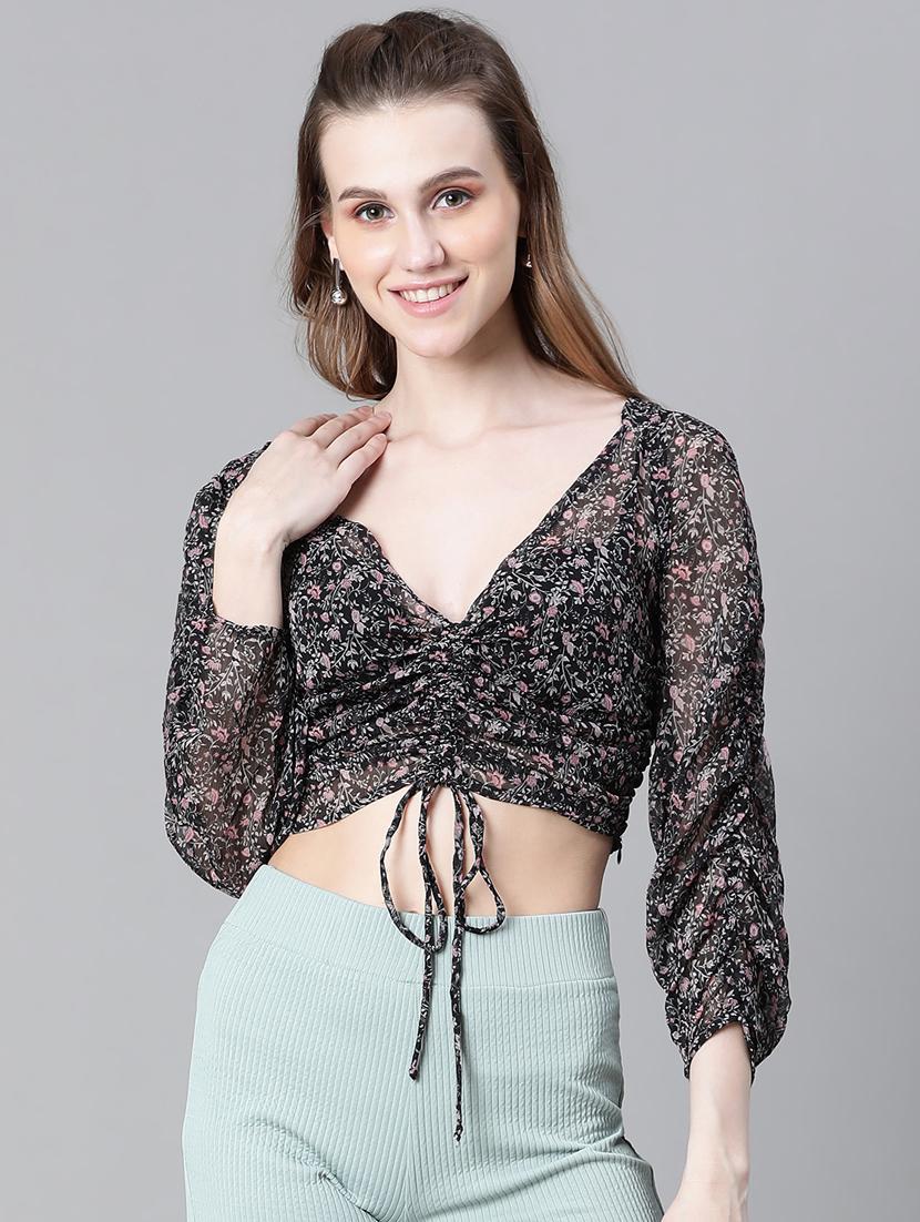 women floral print ruched sleeves top - 20592405 - Standard Image - 1