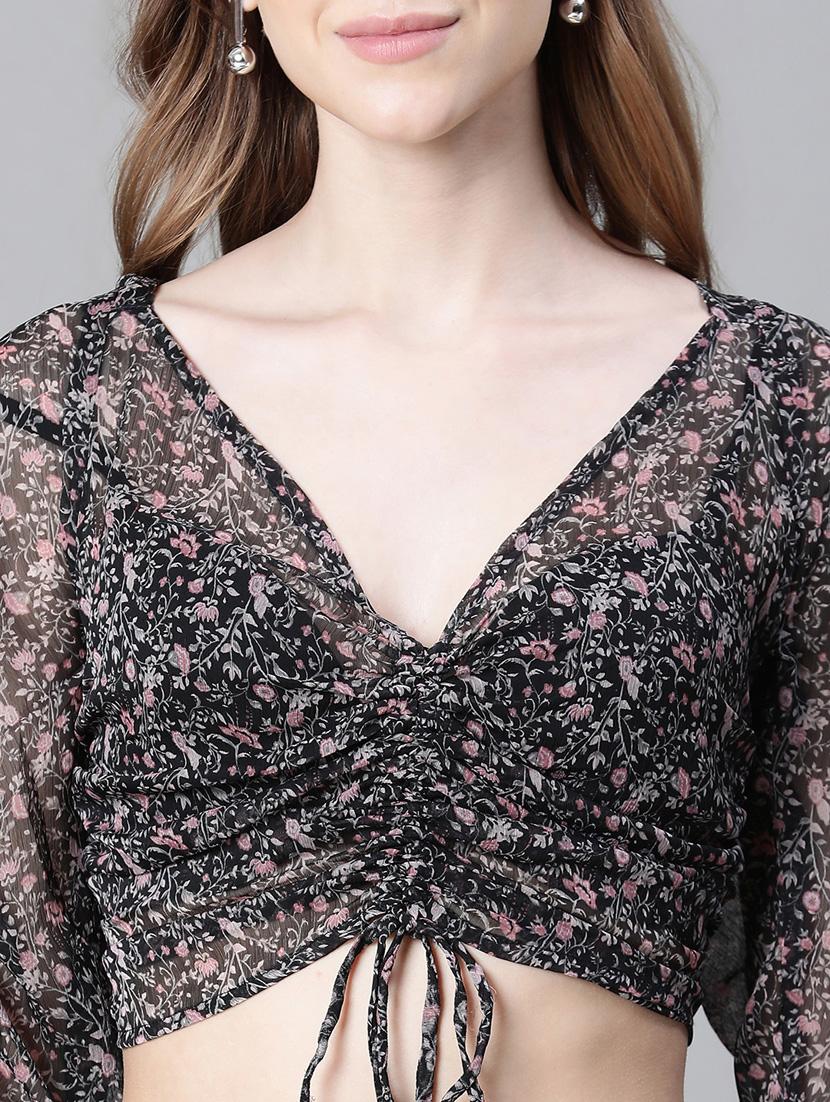 women floral print ruched sleeves top - 20592405 - Standard Image - 6