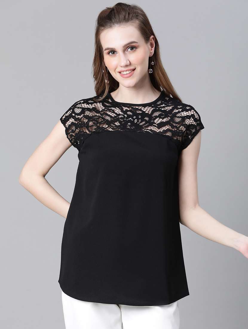 women solid lace detailed cap sleeves top