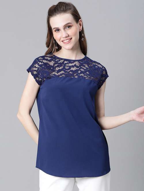 women solid lace deatiled top - 20592412 - Standard Image - 0