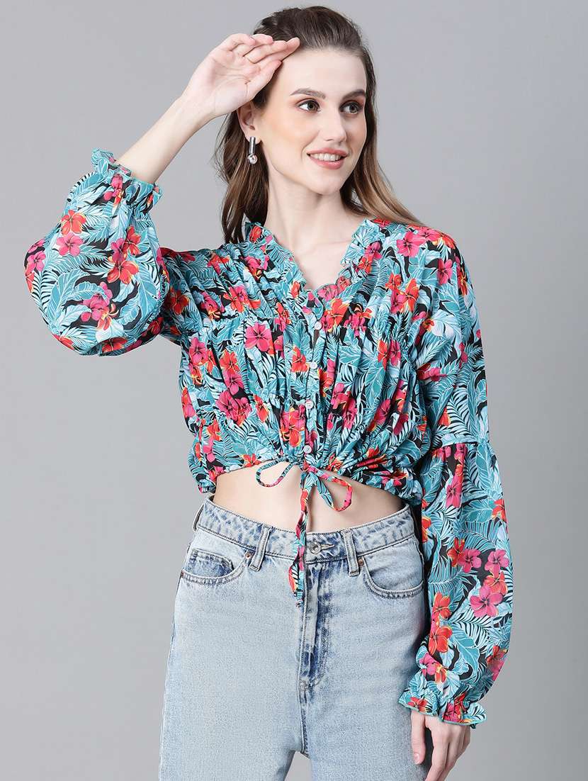 women printed long sleeves crop top