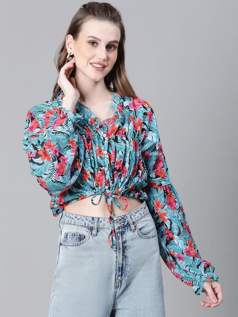 women printed long sleeves crop top - 20592422 - Standard Image - 1