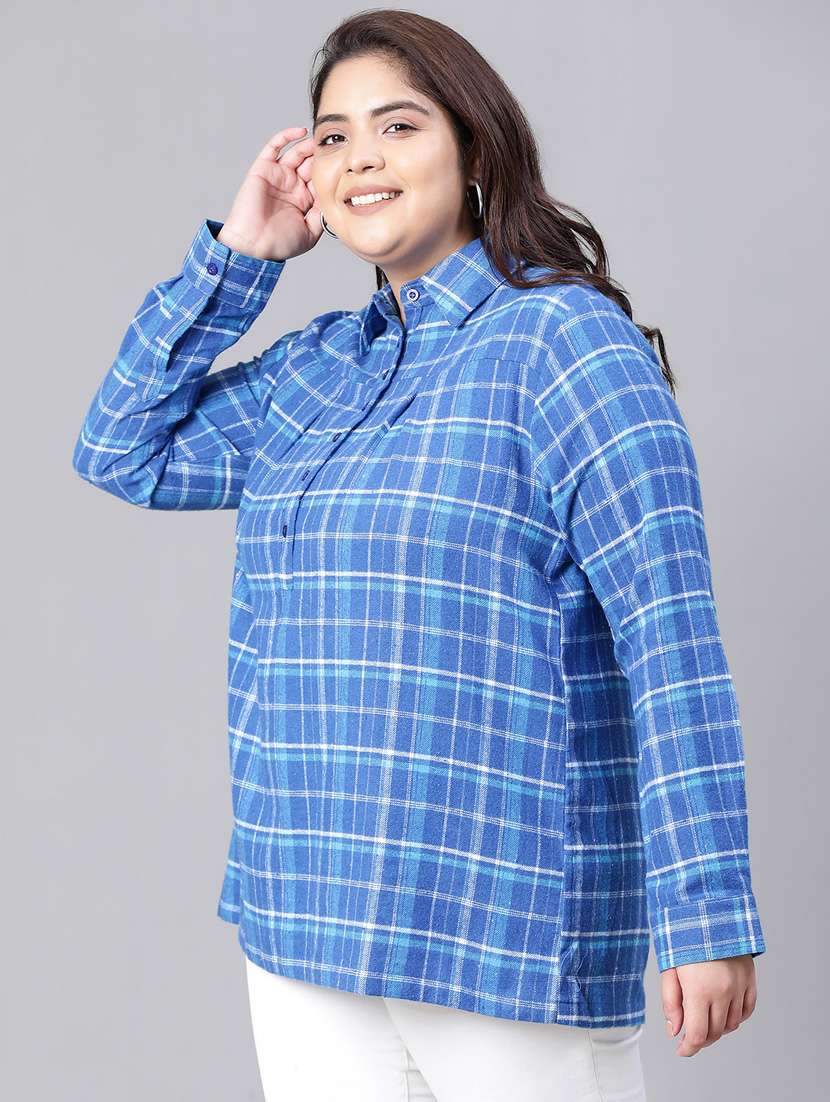 plus size checkered collared straight top - 20592425 -  Standard Image - 1