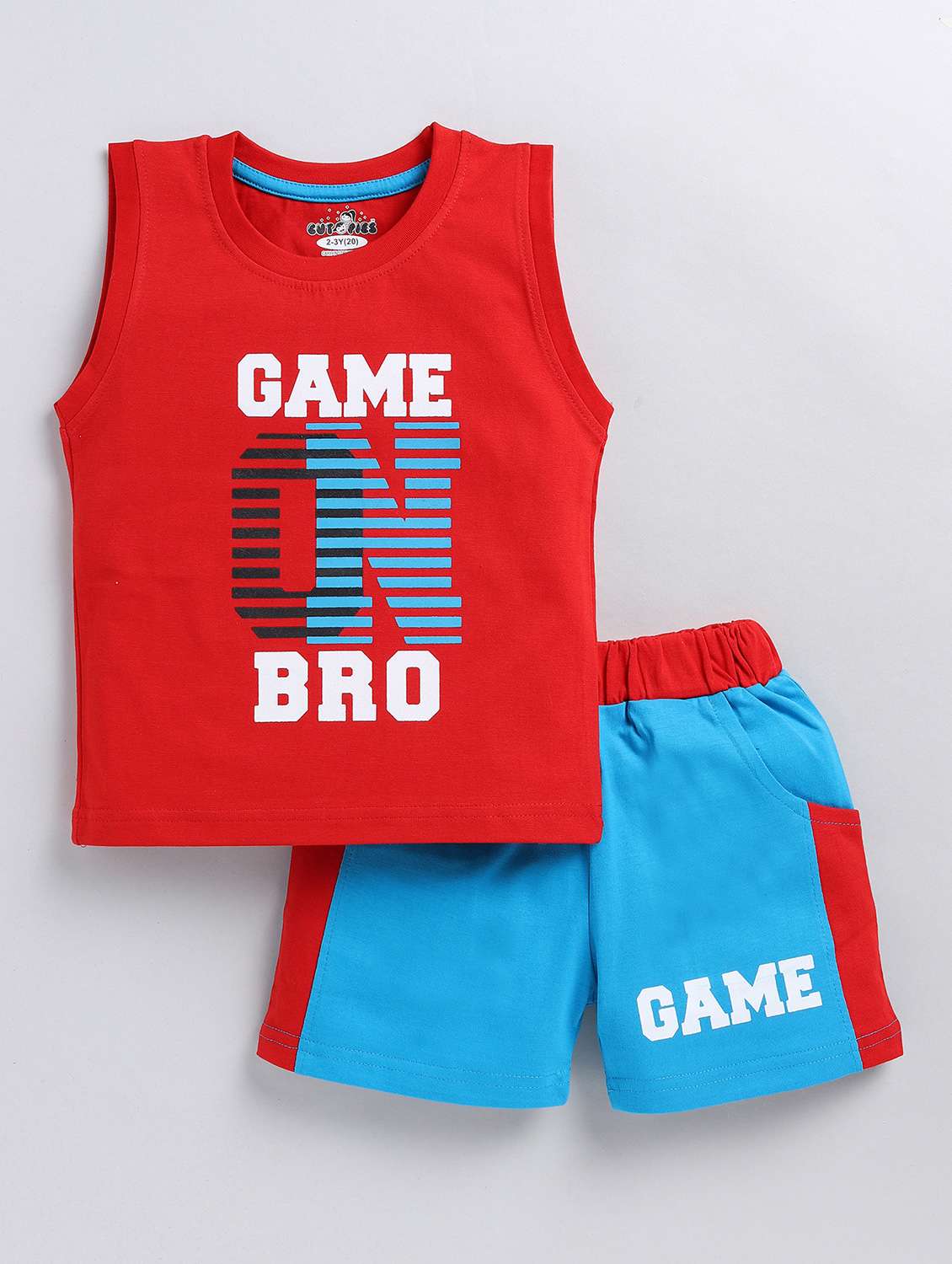 boys red & blue printed shorts twin set