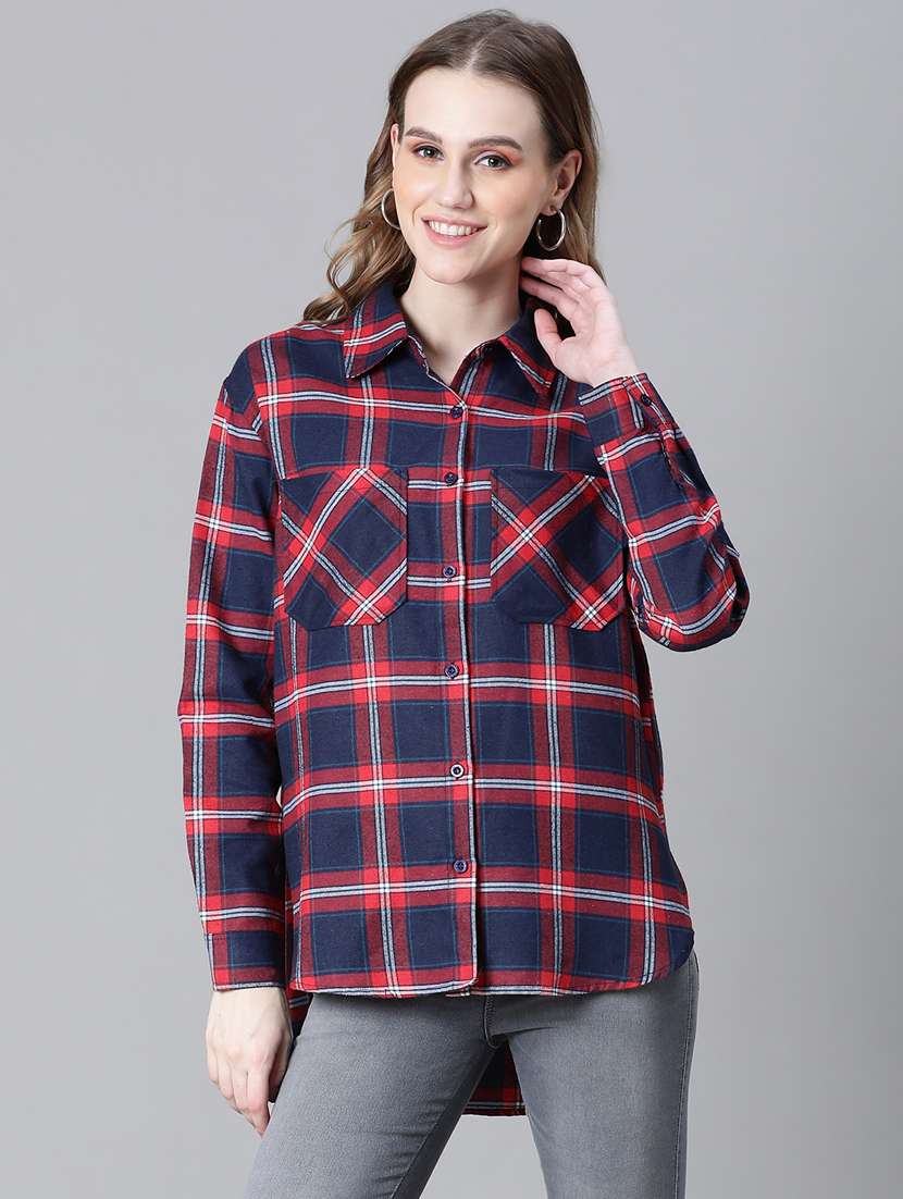 women blue & red checked pocket detailed shirt - 20593427 -  Standard Image - 1