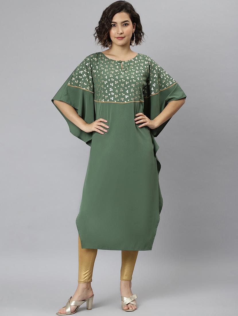 green foil printed kaftan kurta