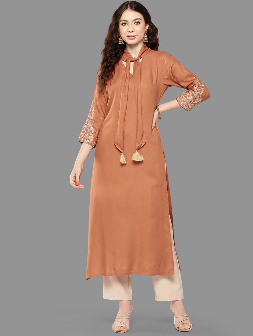 peach three quarter sleeve straight kurta