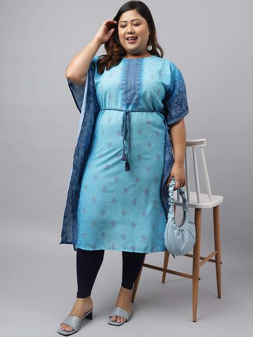 light blue bandhani printed plus size kaftan kurta - 20594089 -  Standard Image - 0