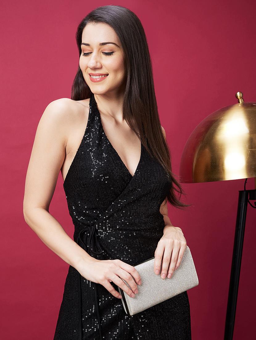 globus women black halter neck wrap waist tie-up sequinned midi party dress - 20594220 -  Standard Image - 1