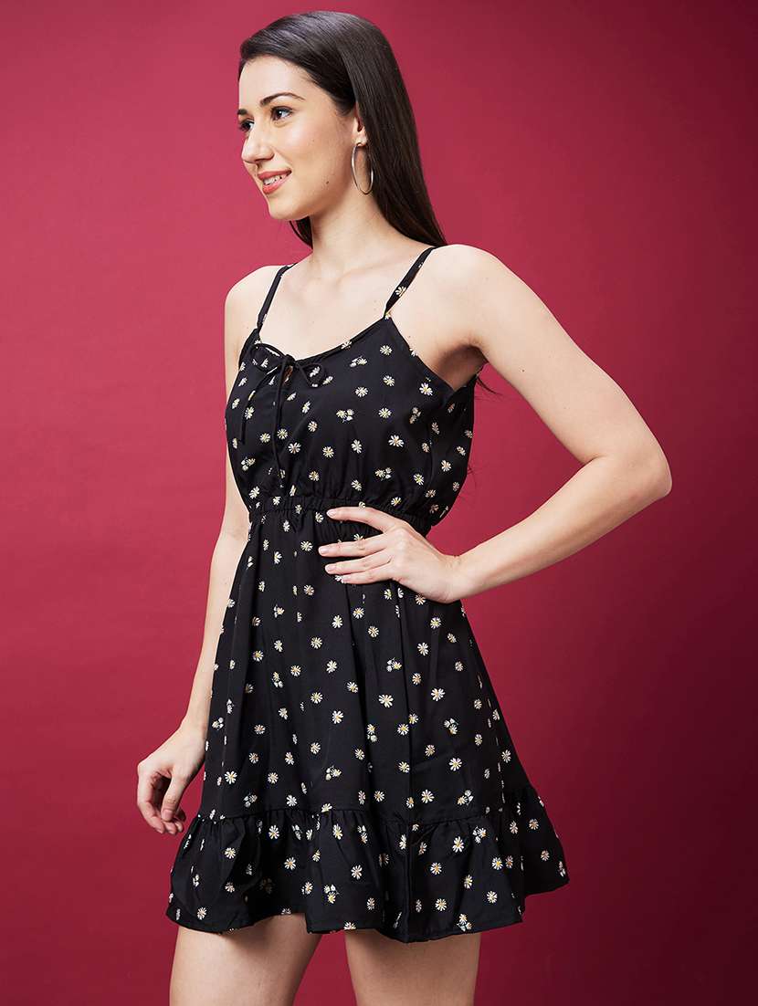 globus women black tie-up neck strappy shoulder floral printed fit & flare mini dress - 20594222 -  Standard Image - 1
