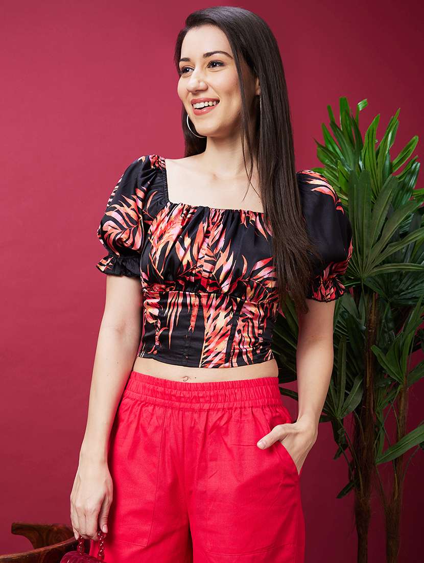 women black tropical printed crop top