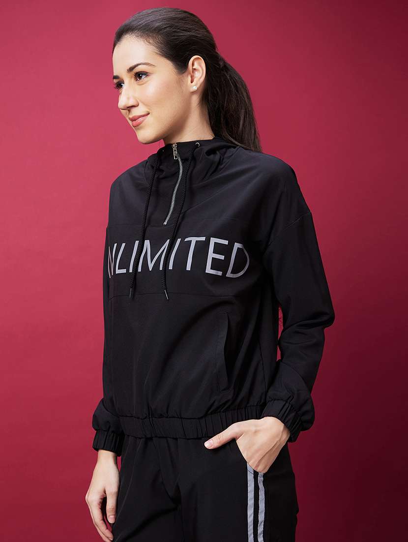 women black typographic hooded sweatshirt