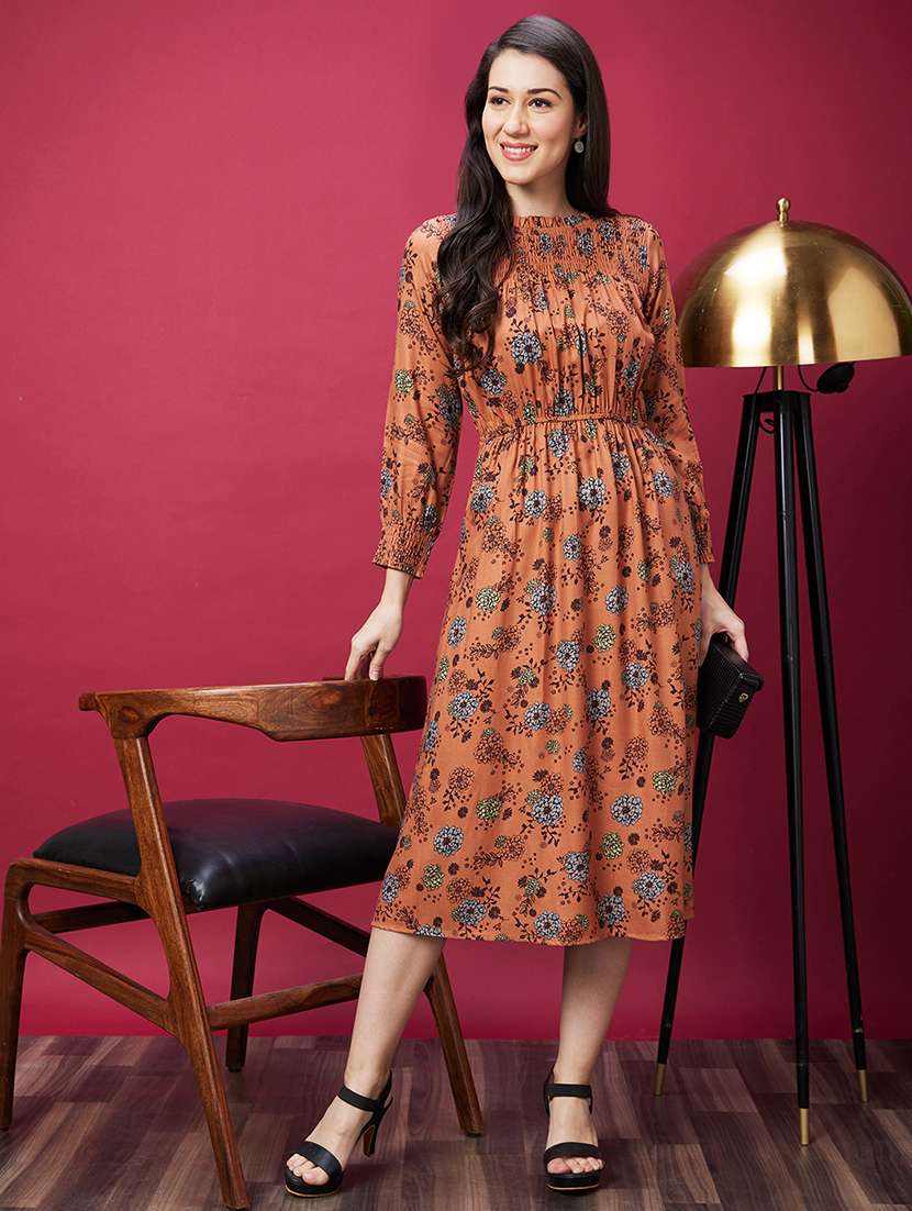 women rust floral printed midi dress