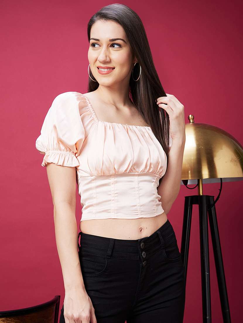 women pink solid crop top