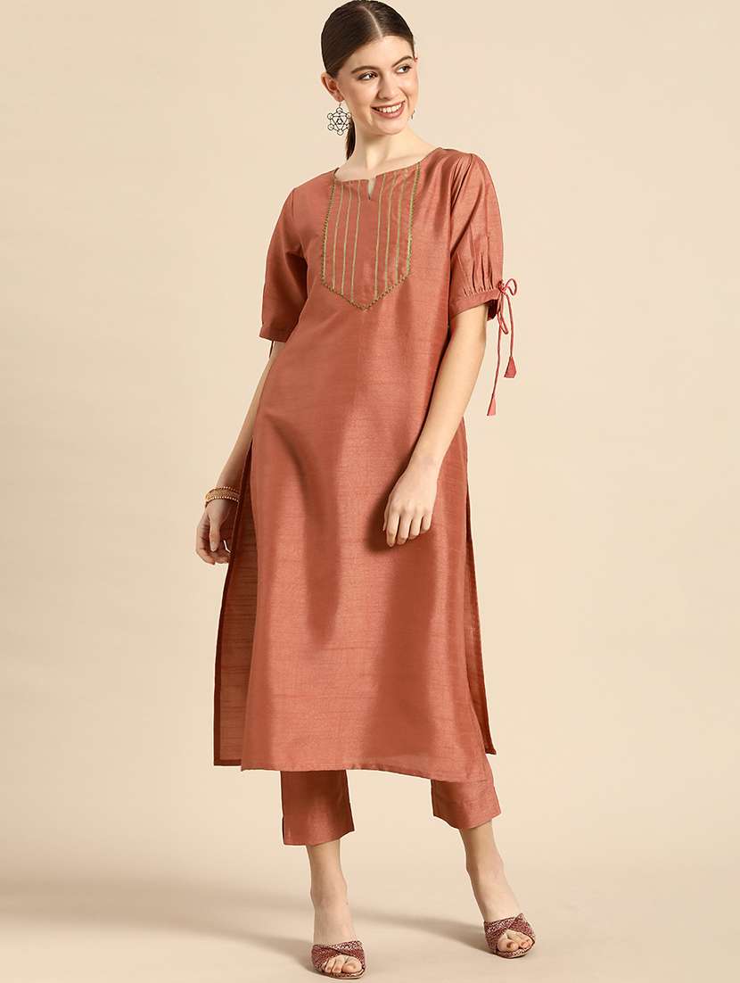 peach solid with work kurta pant set