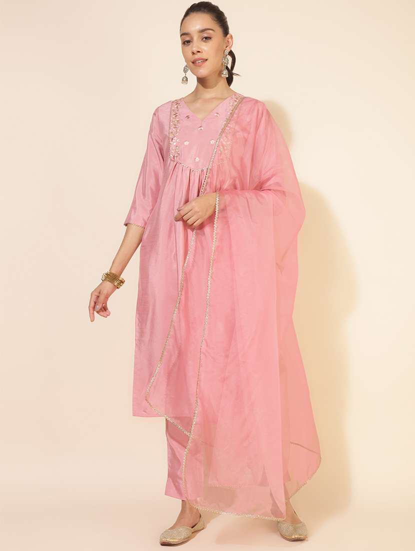 women pink v neck kurta pant set with dupatta