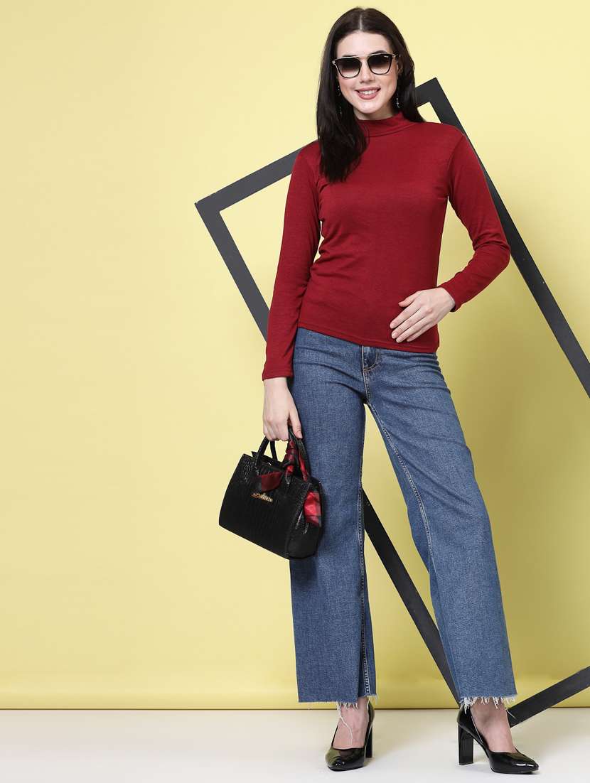 women maroon solid mock neck top - 20594446 -  Standard Image - 4