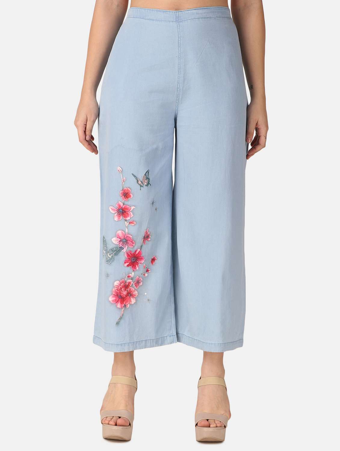 women mid-rise light blue floral printed palazzo