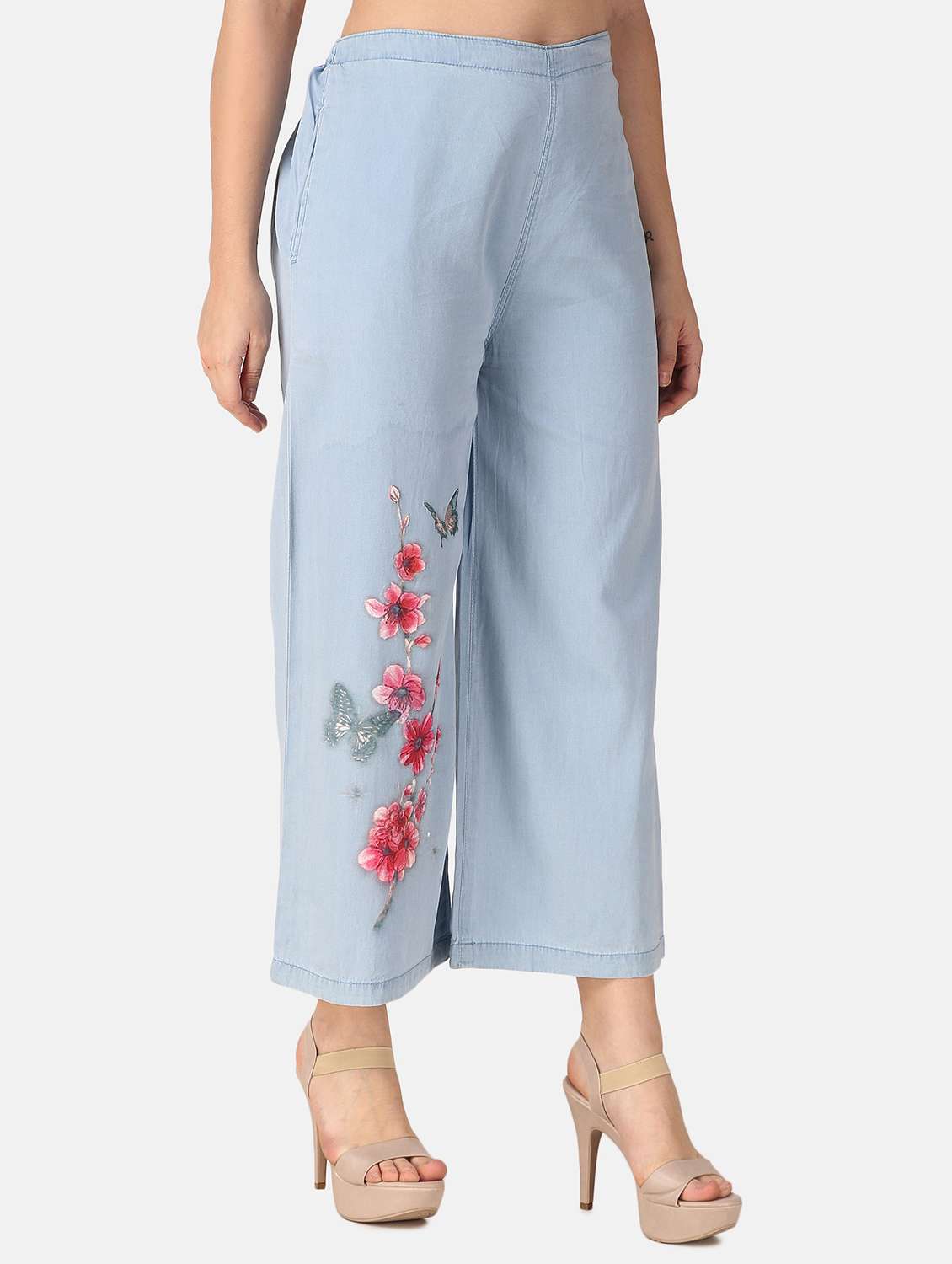 women mid-rise light blue floral printed palazzo - 20594452 -  Standard Image - 1