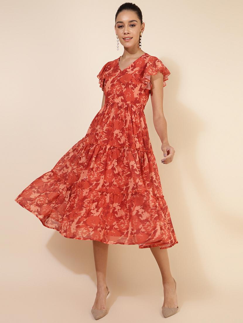 women rust printed tiered dress