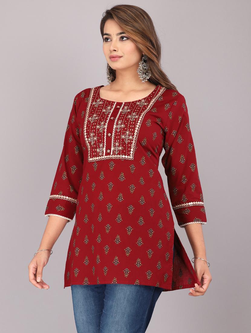 maroon printed rayon short kurti - 20594559 - Standard Image - 1