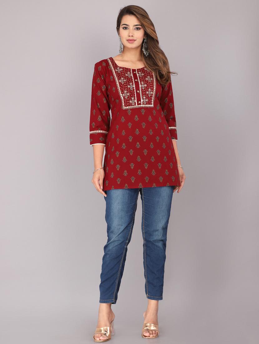 maroon printed rayon short kurti - 20594559 - Standard Image - 4