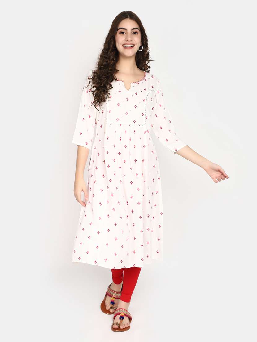 white printed rayon a-line kurta - 20594637 -  Standard Image - 1