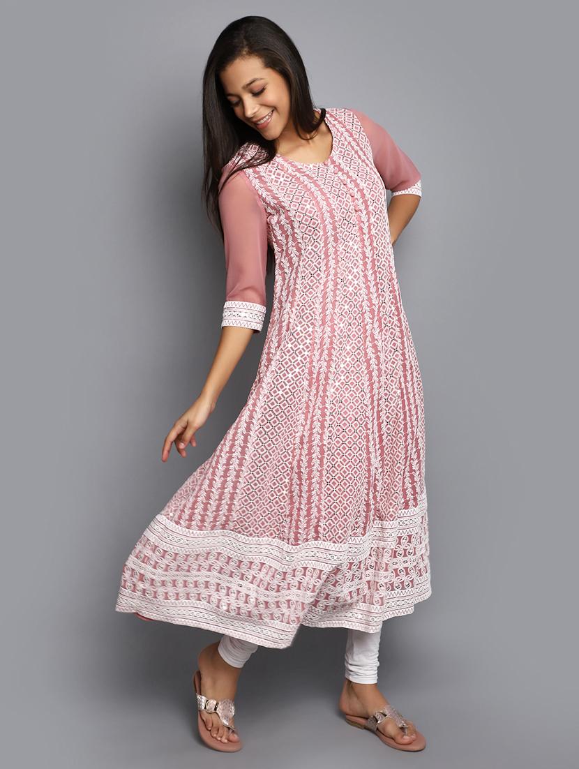 mauve embroidered cotton kalidar kurta - 20594638 - Standard Image - 1