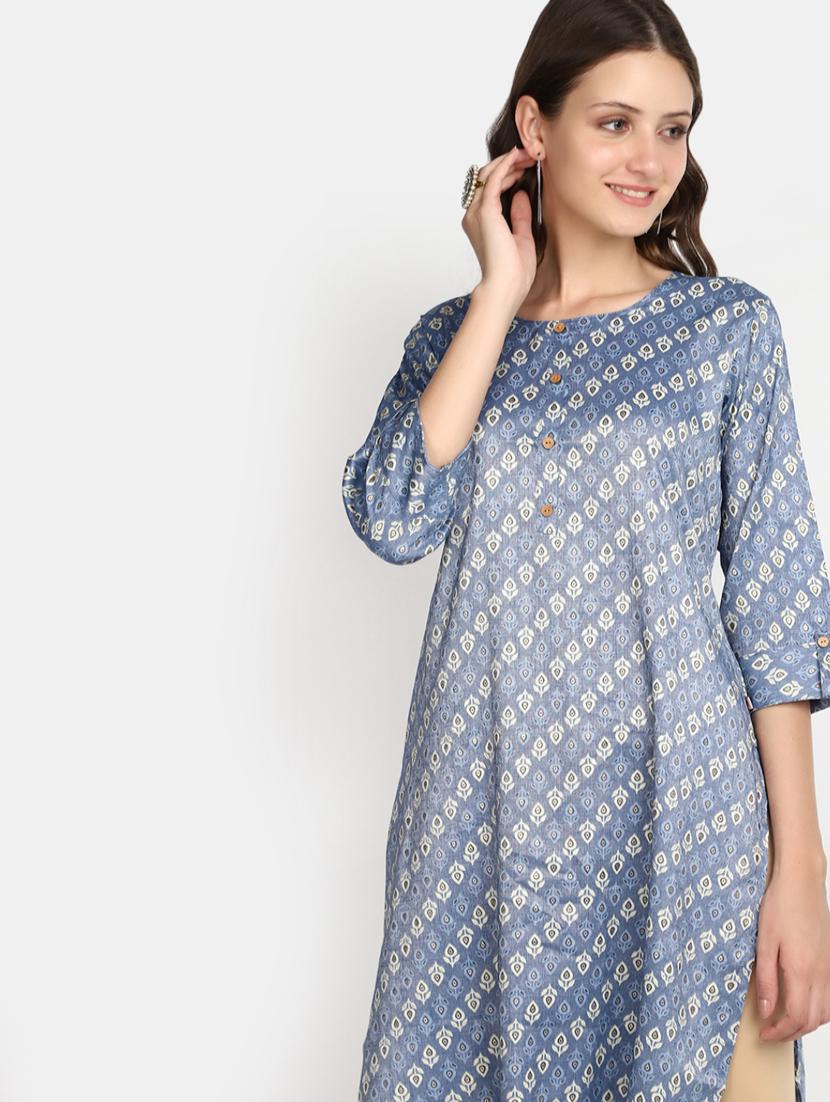 blue printed rayon straight kurta - 20594642 - Standard Image - 4