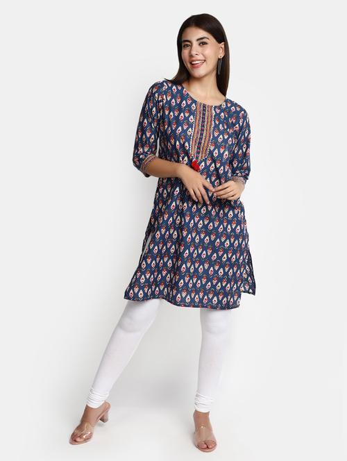 navy blue block print cotton straight kurta - 20594661 - Standard Image - 0