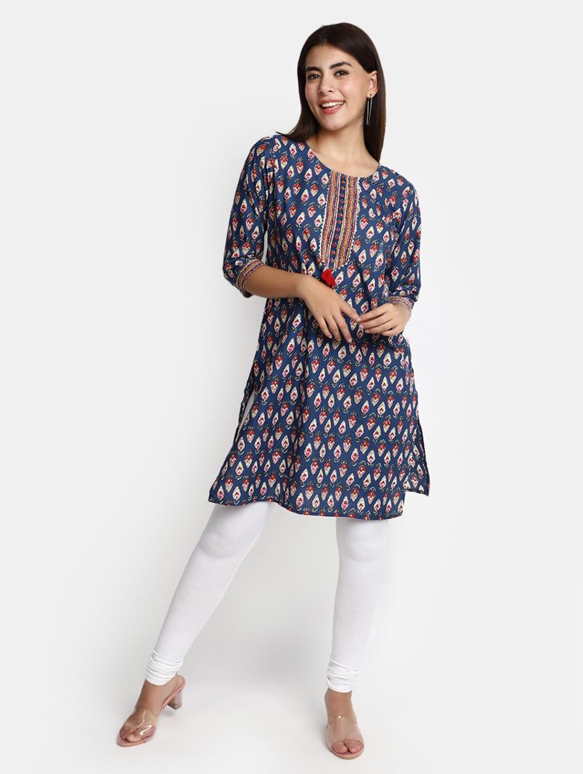 navy blue block print cotton straight kurta - 20594661 - Zoom Image - 0