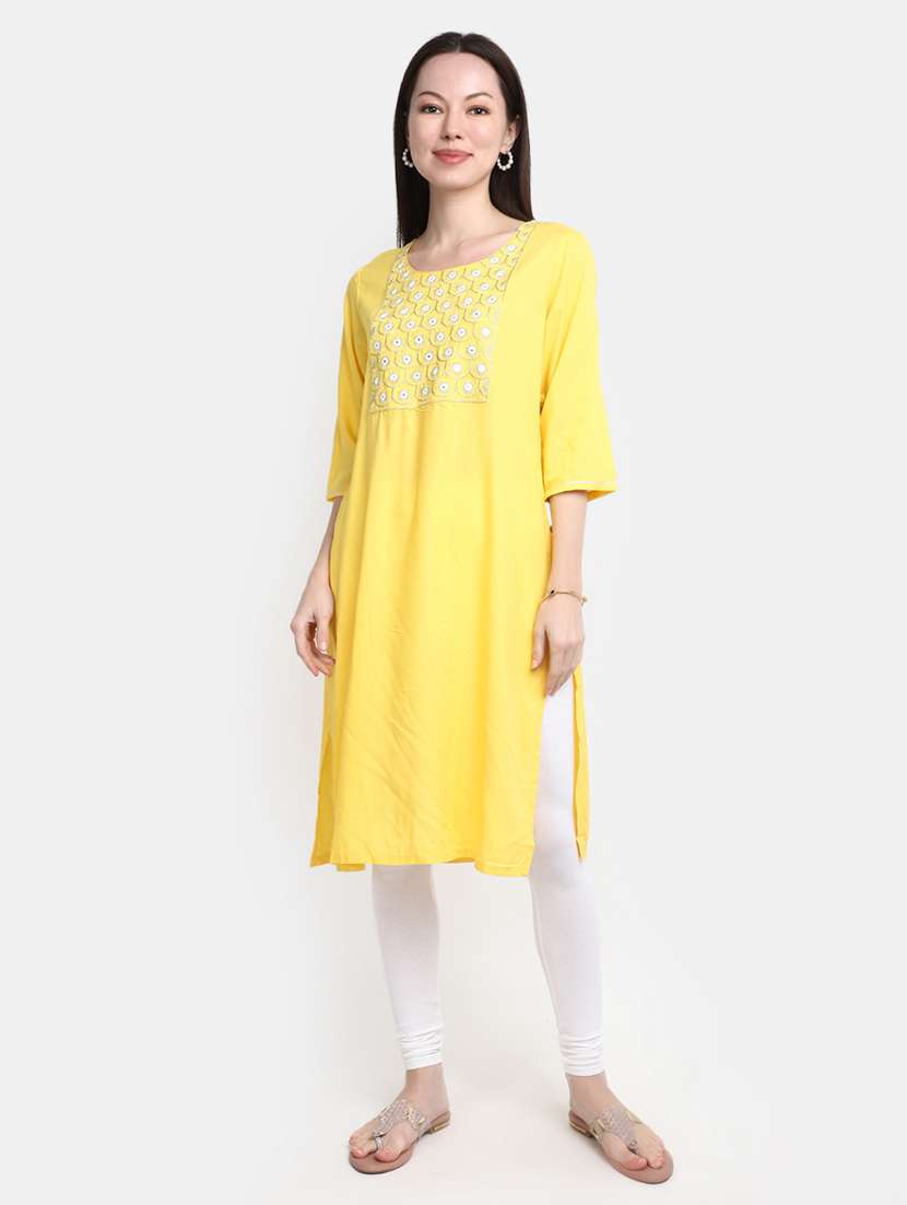 yellow embroidered rayon straight kurta - 20594662 -  Standard Image - 1