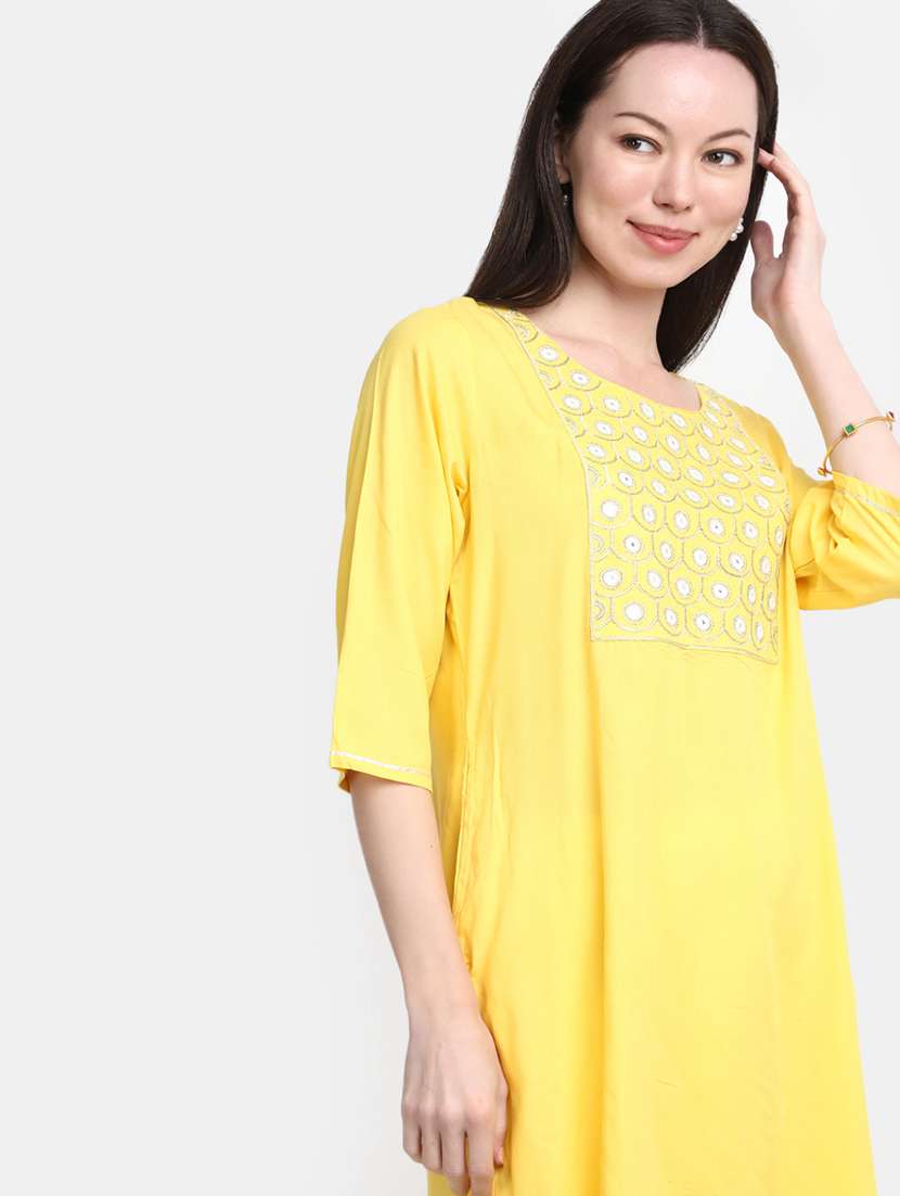 yellow embroidered rayon straight kurta - 20594662 -  Standard Image - 4